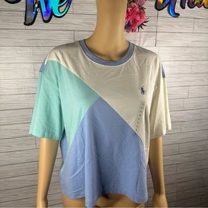 NWT -POLO Ralph Lauren  crop tee Blue/Aqua Green/ off white color-block Women L